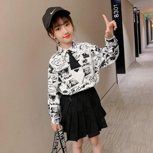Girls clothes Autumn New Paragraph kids clothes girls 4-16 Years Necktie Shirt Straps Pleated Skirt Fashion Two-Piece Set