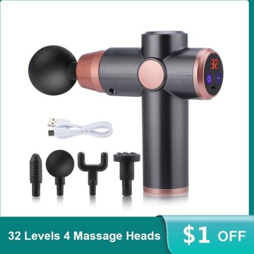 LCD Mini Massage Gun USB Rechargeable Fascia Gun Muscle Relaxation Electric Muscle Massage Fitness Equipment 32 Levels 4 Heads