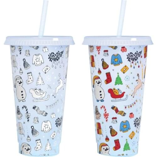 710ml Reusable Color Change Straw Cup With Lids Plastic Food-graded Cold Tumblers Bulk Cups Lightweight Travel Water Bottle