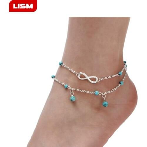 Fashion Vintage Antique Silver Color Anklet Women Big Blue Stone Beads Bohemian Ankle Bracelet cheville Boho Foot Jewelry