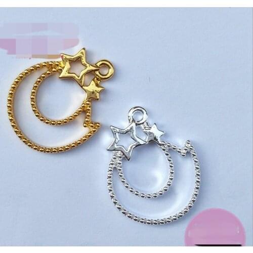 New 5 pcs/lot Aesthetic moon stars Metal Frame Pendant Gold Charm Bezel Setting Cabochon Setting UV Resin Charm