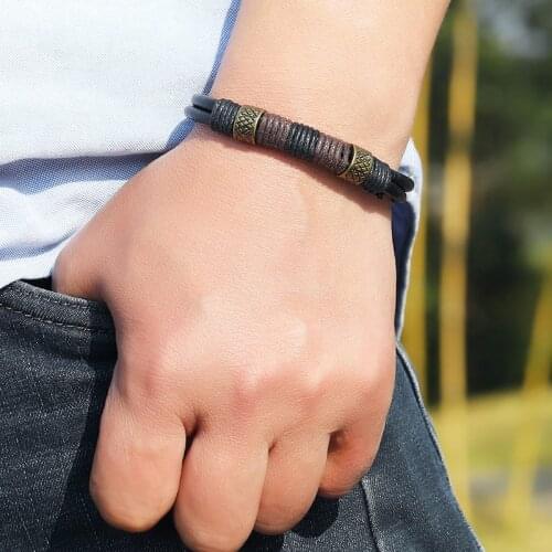 New Punk Men Jewelry Hand-Woven Hemp Rope Bracelet Black Leather Winding Bracelet and Bangle for Man Jewelry Gift