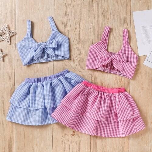 Baby Girl Clothes Summer Bow Lattice Pattern Sling Top Stitching Skirt Toddler Baby Girls Clothing Sets Infant New Born Clothes