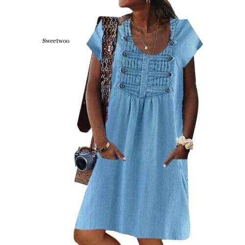 5XL Casual Women Solid Color Short Sleeve O Neck Button Pockets Knee-length Dress Plus Size Female Dress Fashion Clothing