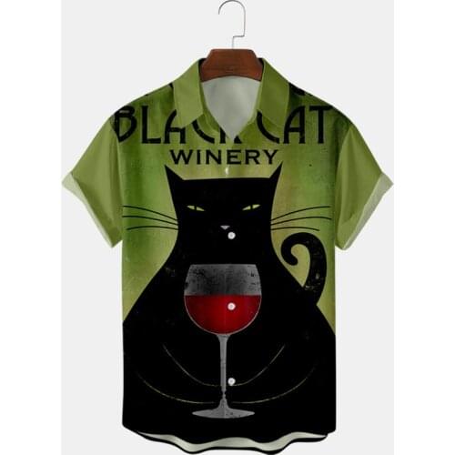 2021 Mens Funny Black Cat Printed Shirt Summer Light Short Sleeve Lapel Button Up Shirts ropa hombre Casual Designer Shirt
