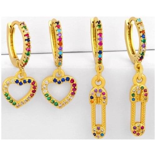 Heart multicolor Brass micro pave cz zircon cubic zirconia drop Hoop Earrings copper gold plated crystal studs ydfg2