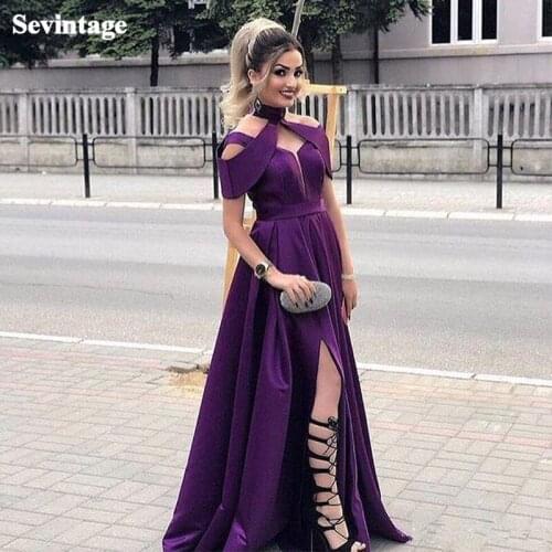 Sevintage Purple Halter Satin Prom Dress Split Long Evening Gowns 2020 Pleats Simple Women Special Occasion Dresses Custom Made