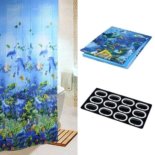 Blue Deep Sea Fish Pattern Waterproof Shower Bathroom Curtains With 12 Hooks