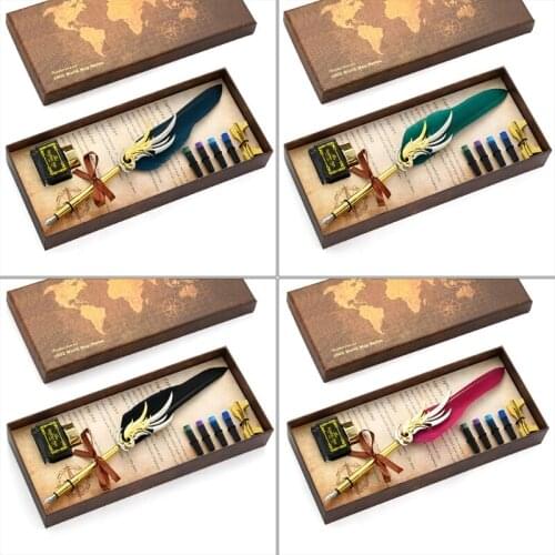 W3JD Portable Antique Quill Pen Feather Pen Set Quill Ink Dip Pen w/ 4 Ink Sacs Pen Base Holder Ink Bottle Gift for businnes