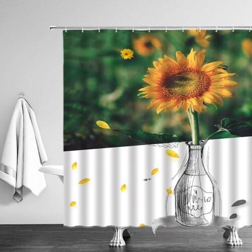 Sunflower Flowers Shower Curtain 3D Printed Bathroom Waterproof Polyester Bath Curtain Washable Bath Decor Curtains With Hooks