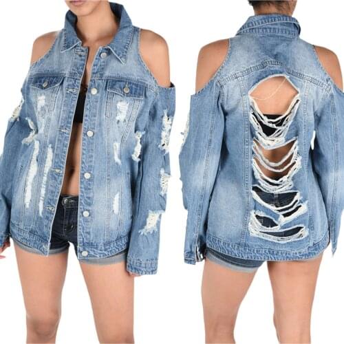 2021 Women Fashion Strapless Ripped Loose Denim Jacket Long Sleeve Cold Shoulder Button Down Jean Jacket for School Night Out