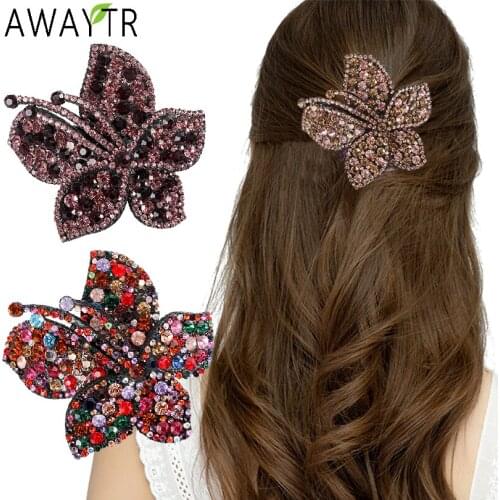 AWAYTR Rhinestone Flower Barrettes Hair Clips for Women Vintage Crystal Hairpins Girls Hair Accessories Jewelry Hairgrip Claws