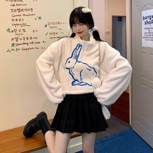 Women Fashion New Velvet Warm Thick Sweatshirts Turtleneck Long Sleeve Zipper Printing Sweet Cute Student Loose Pullovers