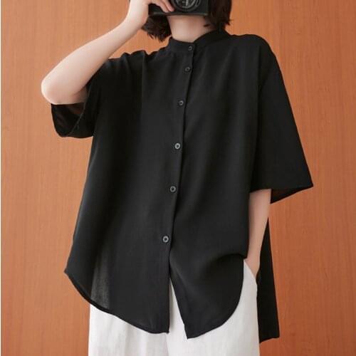 Oversized Women Casual Shirts New Arrival 2021 Summer Simple Style Vintage Stand Collar Loose Female Half Sleeve Tops S3774