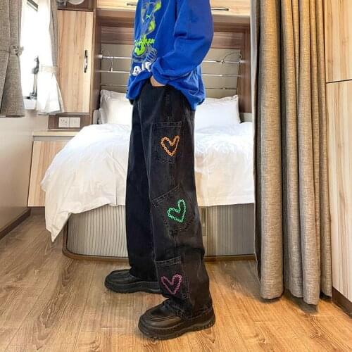 Womens High-waist Straight-leg Jeans Embroidery Loose Wide-leg Harajuku Casual Retro Hip-hop Black Pants 2021 New Autumn Cotton