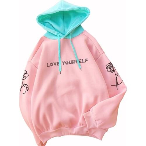Women Kpop Hoodies Autumn Spring New Fleece Casual Korean Bangtan Boys LOVE YOURSELF Floral Print Hit Color Patchwork Sweatshirt