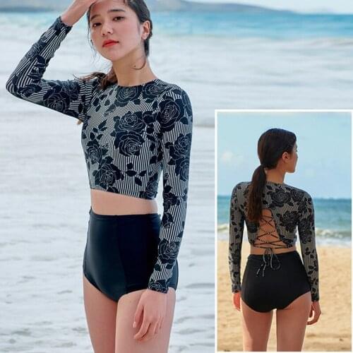 Womens 2 piece set Rashguards Long Sleeve Crop Top High Waisted Bottom Shorts UPF 50+ Sun Bathing Suit Drawstring Open Back