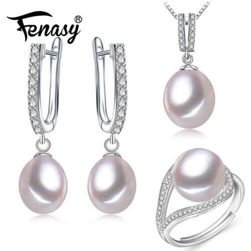 FENASY Wedding Jewelry Sets Fashion Natural Freshwater Pearl Pendant Necklaces Women Drop Earrings Elegant Silver Color Ring Set