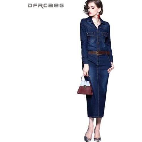 Free Belt Deep Blue Vintage Slim Women Denim Dress Maxi 2020 Autumn Elegant Long Sleeve Ankle-Length Jeans Dresses Femme Robe