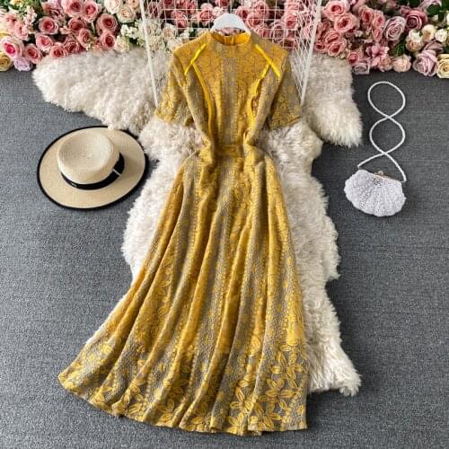 Vintage Yellow/Blue Lace Midi Dress Women Sweet Round Neck Ruffle Vestidos Female High Waist Slim Robe Spring Autumn 2021