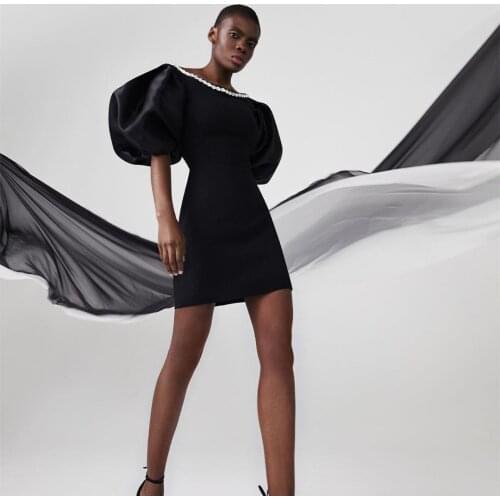 High Quality Summer New Black Sexy Diamond O Neck Puff Sleeve Slim Mini Bandage Dress Elegant Women Night Club Party Dress