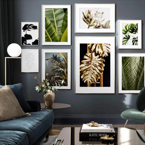 Golden Green Monstera Banana Palm Leaf Wall Art Canvas Painting Nordic Posters And Prints Plants Wall Pictures For Living Room