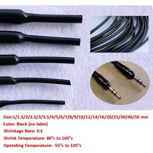 1-50Meters 2:1 1mm-16mm Black Heat Shrink Tube Heat Shrinkable Sleeving Tubing Wrap Wire Insulation Sleeve