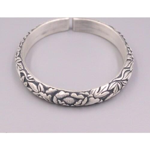 Authentic 999 Fine Silver 10.5mm Blooming Peony Pattern Cuff Bangle 2.36INCH Inner Diameter Handmade
