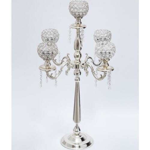 Free Shipping 76cm Tall 5-arms metal candelabras with crystal pendants, shiny silver wedding candle holder.wedding decoration