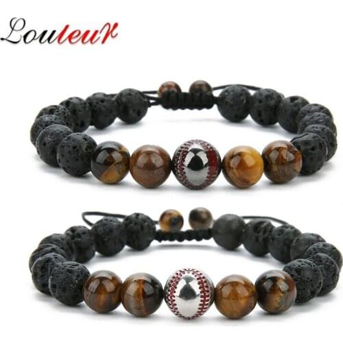 LOULEUR Baseball Bracelet Sports Bracelet Healing Balance Supernatural Lava Reiki Stones Beads Bracelet Women Men Jewelry