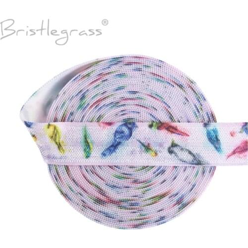 BRISTLEGRASS Wholesale 50 Yard 5/8" 15mm Bird Peacock Print Fold Over Elastics FOE Spandex Bands Tape Hair Tie Dress Sewing Trim