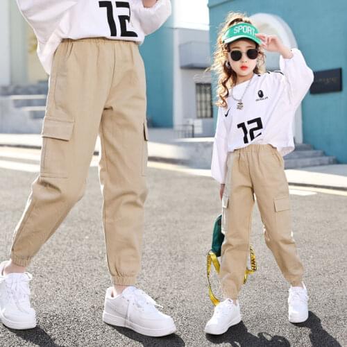 Cargo Pants for Girls Pockets Casual Sports Training Running High Waisted Pant Spring Autumn Kids Outwear 4 5 6 7 9 10 12 Years
