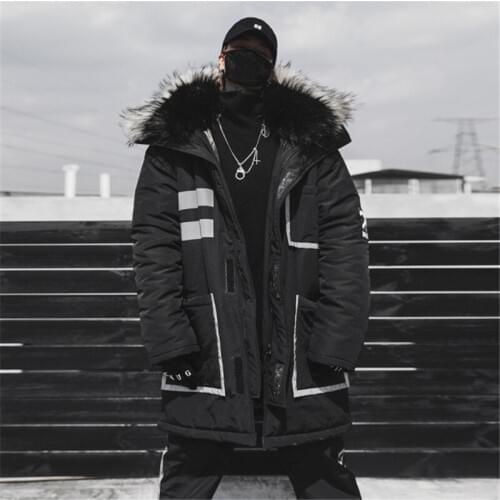 Black Winter Thick Jacket Parkas Men Hooded Fur Collar Coats Parka Streetwear Mens Hip Hop Long Warm Windbreaker Coats
