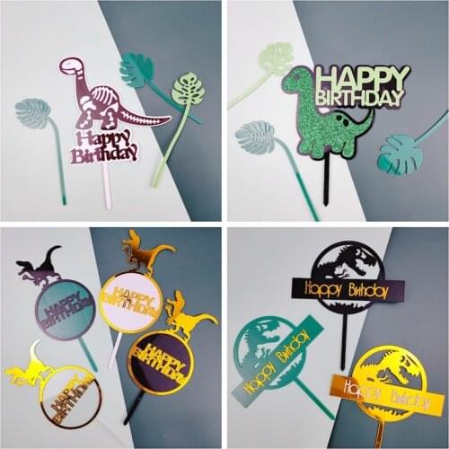 Kids Birthday Dinosaurs Happy Birthday Cake Toppers Acrylic Forest Cake Flags Childrens' Birthday Party Cake Decor