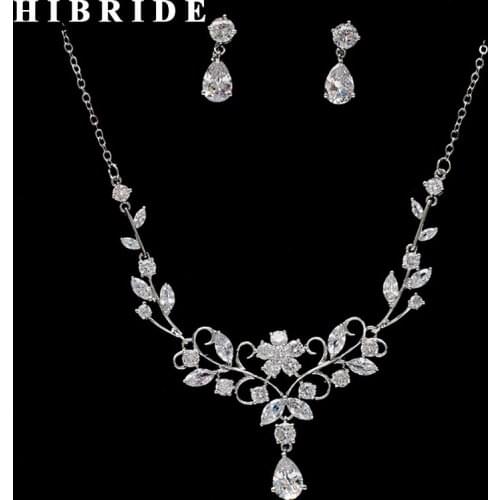 HIBRIDE Beautiful Flower Clear Cubic Zircon Pendant Women Wedding Necklace Earring Set Jewelry Sets Dress Accessories N-270