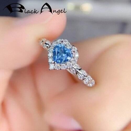 BLACK ANGEL Ladies 925 Silver Heart Rings Romantic Love CZ Sea Blue Topaz For Women Bride Pave Zircon Gemstone Wedding Jewelry