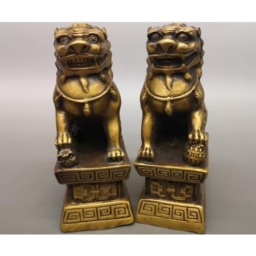 Height 15CM, Antique Art Collection Crafts,Chinese Old Pure Copper Lion Sculpture,Home Decoration 1 Pair Metal Fu Foo Dog Statue