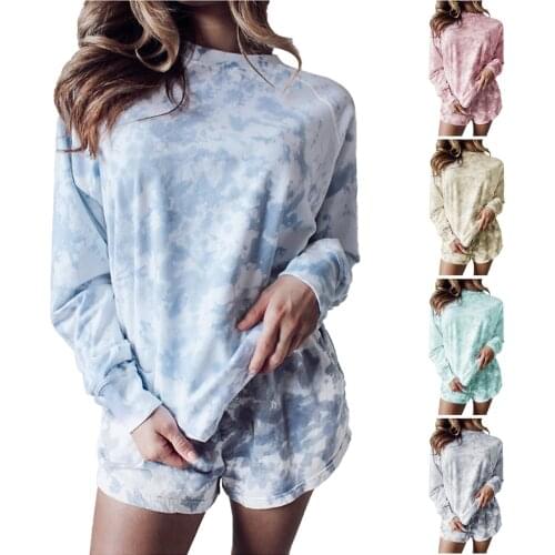 New Simple Casual Womens Set Casual Tie-dye Printed Pullover Long-sleeved Shorts Home Casual Wear High Quality Comfy Shorts Set