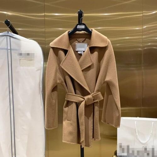 Autumn Women Coat Short Cashmere Coat Female Water Ripple Camel Lace Coat High-end Fashion Casual Black Coat Beige Caramel Coat