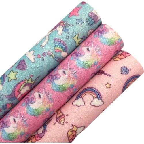 Rainbow Unicorn Printed Glitter Vinyl Fabric Sheet Twill Backing Synthetic Leather Faux Vinil For Bows Earrings DIY A4 SIZE R126