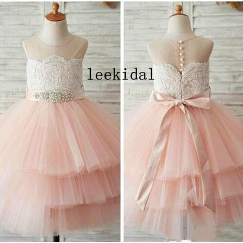 Blush Pink Crystal Flower Girls Dresses For Weddings 2020 Short Sheer Straps Hollow Back tulle Cheap Long First Communion Dress