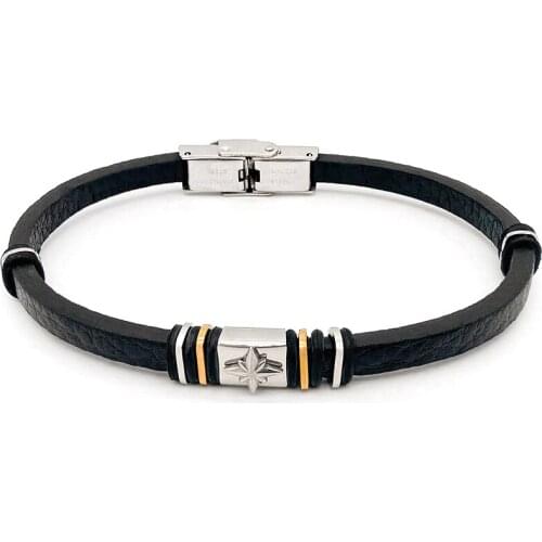 Runda Fashion MenS Sailing Soul Steering Compass Stainless Steel Bracelet With Leather O-Ring For Boyfriend