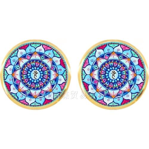 Mandala Art Yoga Earrings Gift For Friend Mandala Stud Earrings Bohemian Jewellery Ethno Indie Glass Dome Jewelry Mandala Datura