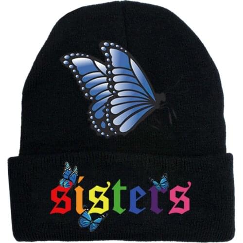Black Knitted Beanie Sisters Butterfly hat Womens Cap Winter Warm Fashion Casual Skullies Beanies Bonnet gorro