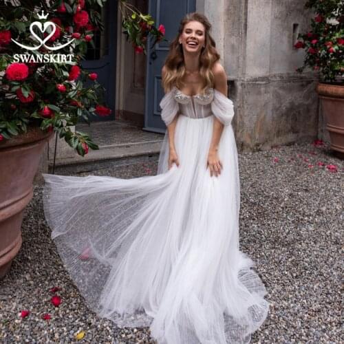 Sweetheart Beaded Wedding Dress 2 In 1 Detachable Off Shoulder Ruched Tulle A-Line SwanSarah D101 Bridal Gown Vestido De Novia