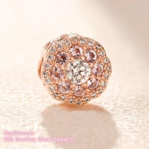 Spring 100% 925 Sterling Silver Pink shine Flower Charm Rose Gold beads Fits Original Pandora bracelets Jewelry Making