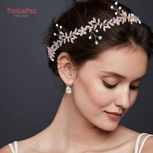YouLaPan HP89 Golden Alloy Flower Wedding Headband Flower Tiaras Bridal Ornaments Pearl Crown Bridesmaid Headdress