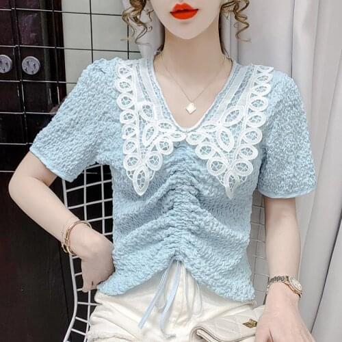 Summer 2021 new Korean style folds V-neck lace short-sleeved t-shirt womens fashion temperament casual all-match top