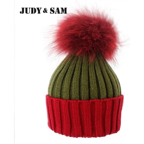 Brand New Warm Wool Blend 5 Colors Christmas Knitted Hats With Fluffy Real Raccoon Fur Pom Poms Winter Beanie Hat For Women Cap