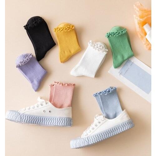 Frilly Ruffle Socks Women Lace Cute Solid Color Harajuku Cotton Kawaii Happy 2020 Autumn Winter Long High Woman Socks Girl Sox